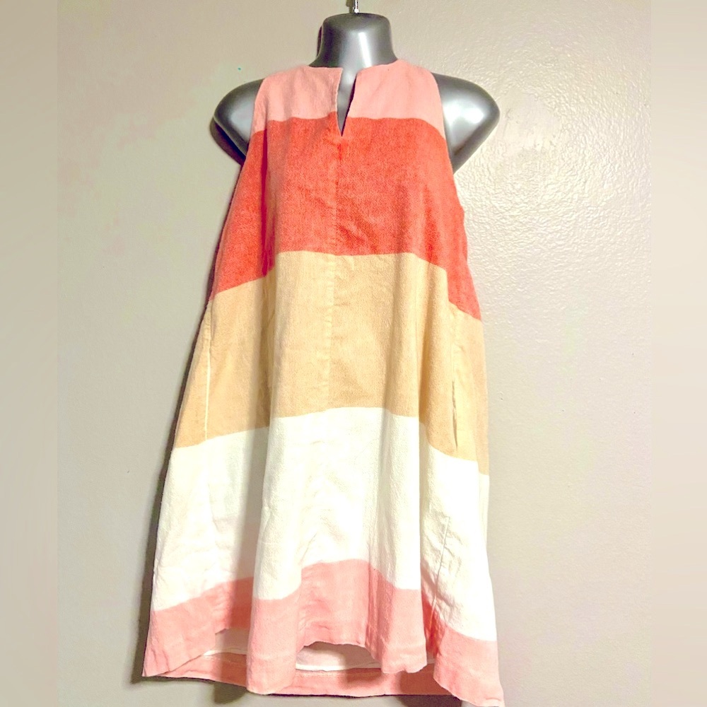 Cremieux 100% cotton shift sundress. Size medium. Pink, white, tan.